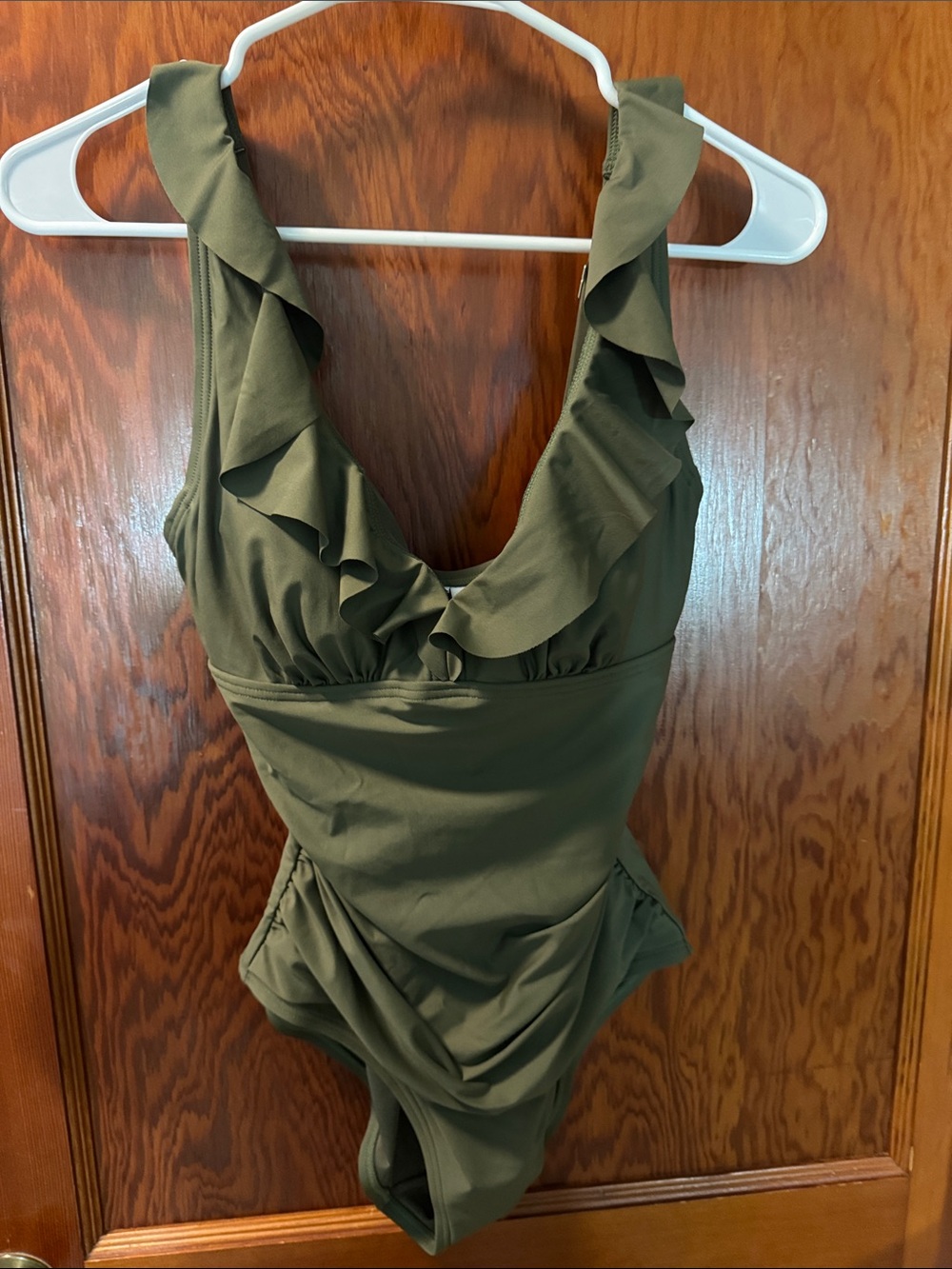 Dkny Olive Green Ruffle V-Neck Women’s One-Piece Swimsuit